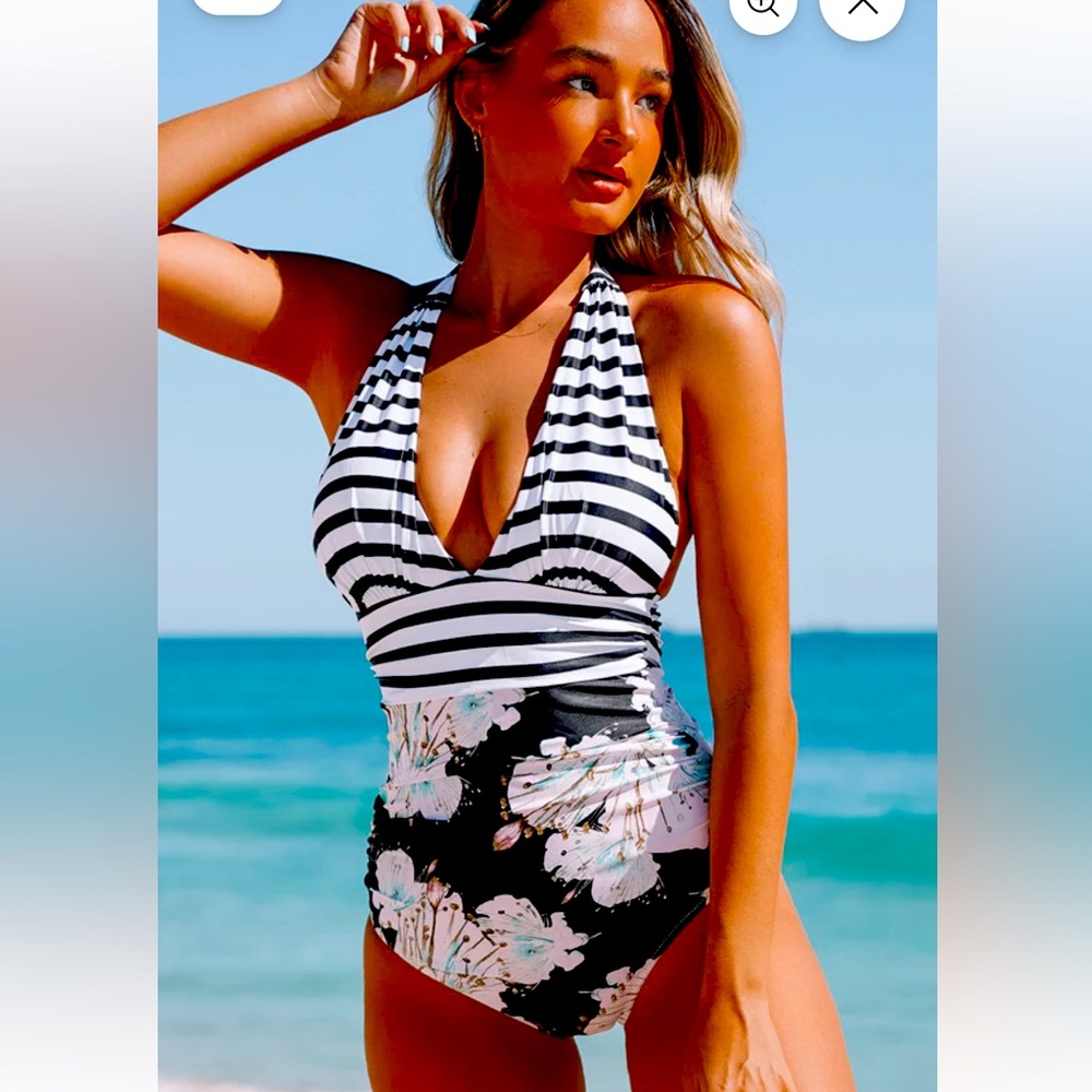 NWT Beachsissi Deep V neck Stripe/Flower One Piece Bathing Suit L